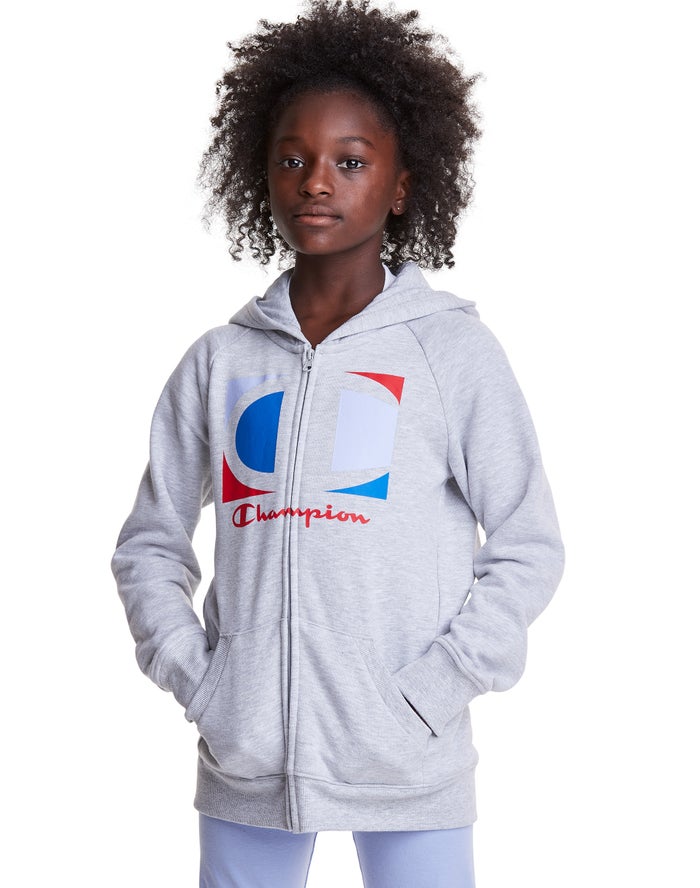 Champion Full Zip Colorblock C Logo Kiz Çocuk Kapşonlu Sweatshirt Gri ( PUKQFC324 )